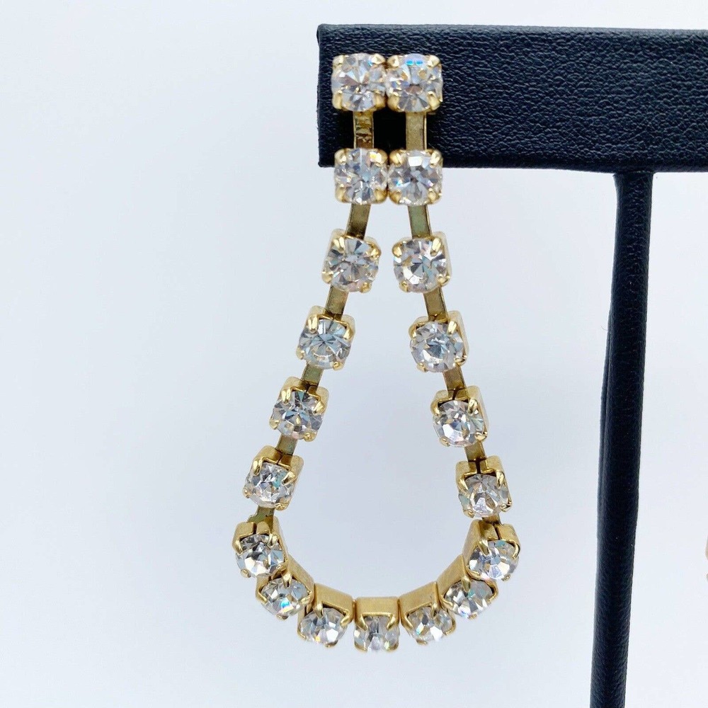 Gold Tone Rhinestone Articulated Dangle Drop Earrings Glamour Bling Luxe 2.5" - Picture 3 of 7
